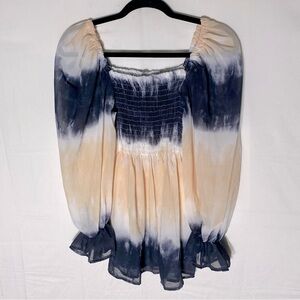 5/$25 Black Peach Tie Dye Puff Sleeve Smocked Bodice Off Shoulder Flowy Blouse S